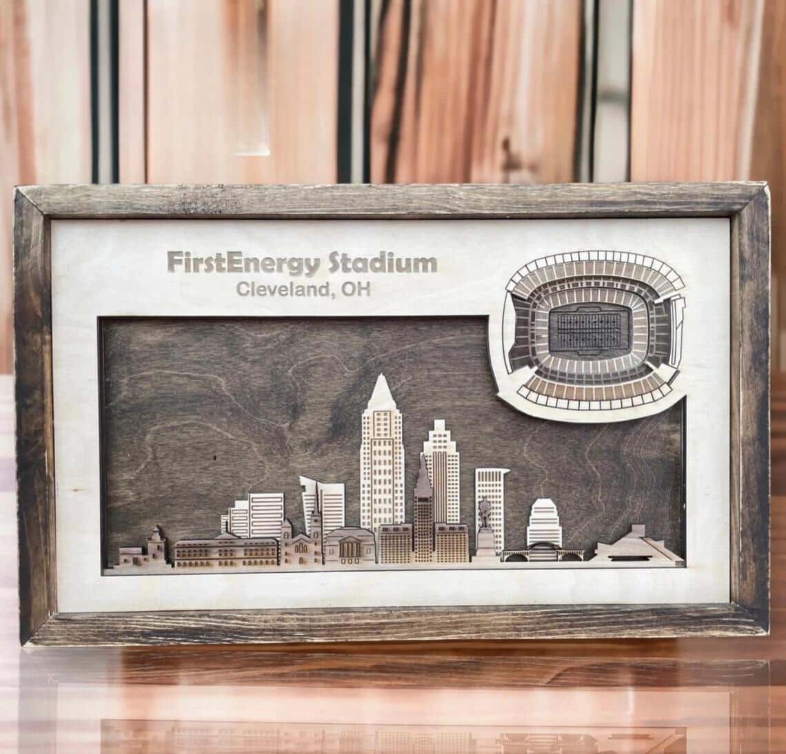 Cleveland, Ohio Skyline and 3D Football Stadium Wood Sign