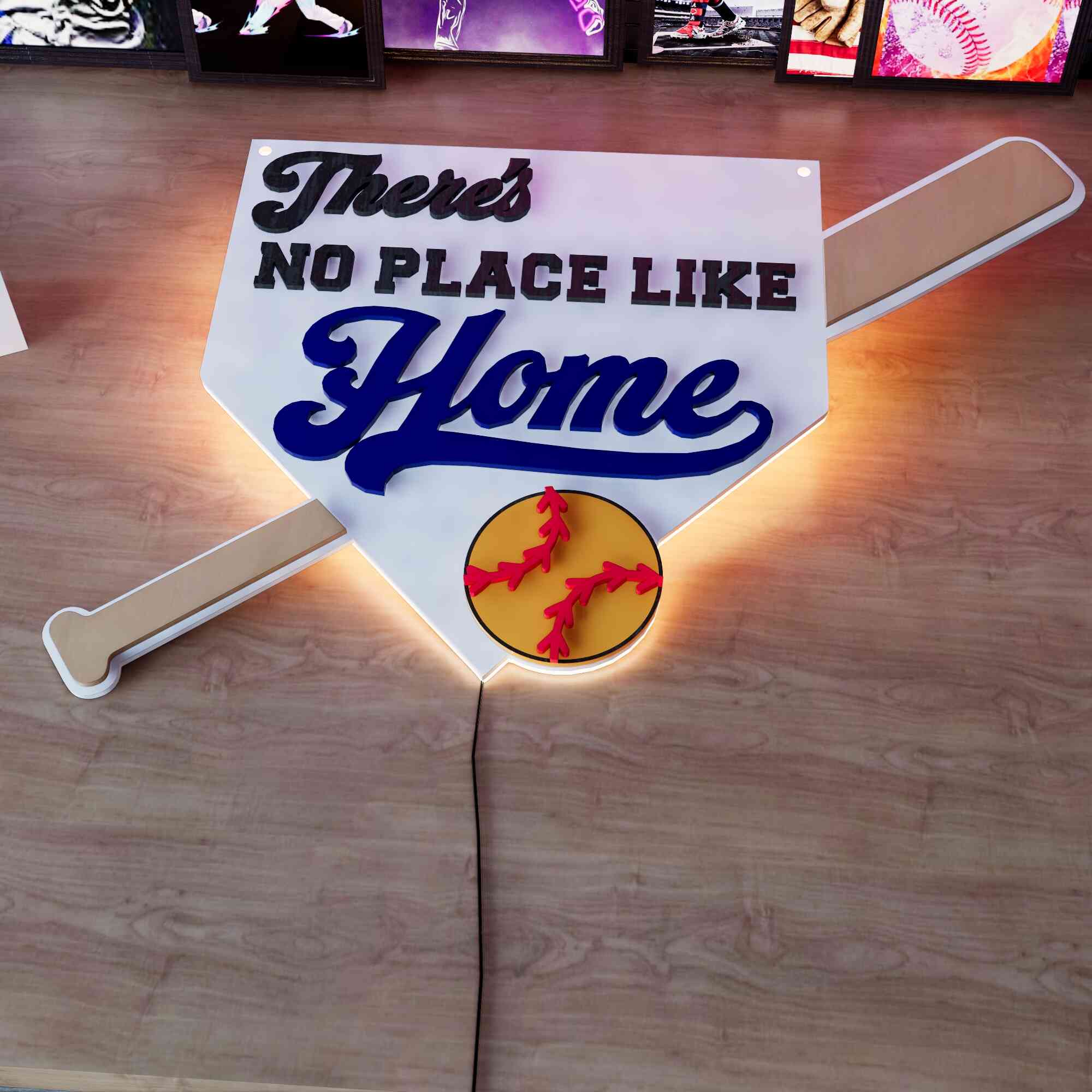 Wooden LED Baseball Door Sign There's No Place Like Home 15.7 inches