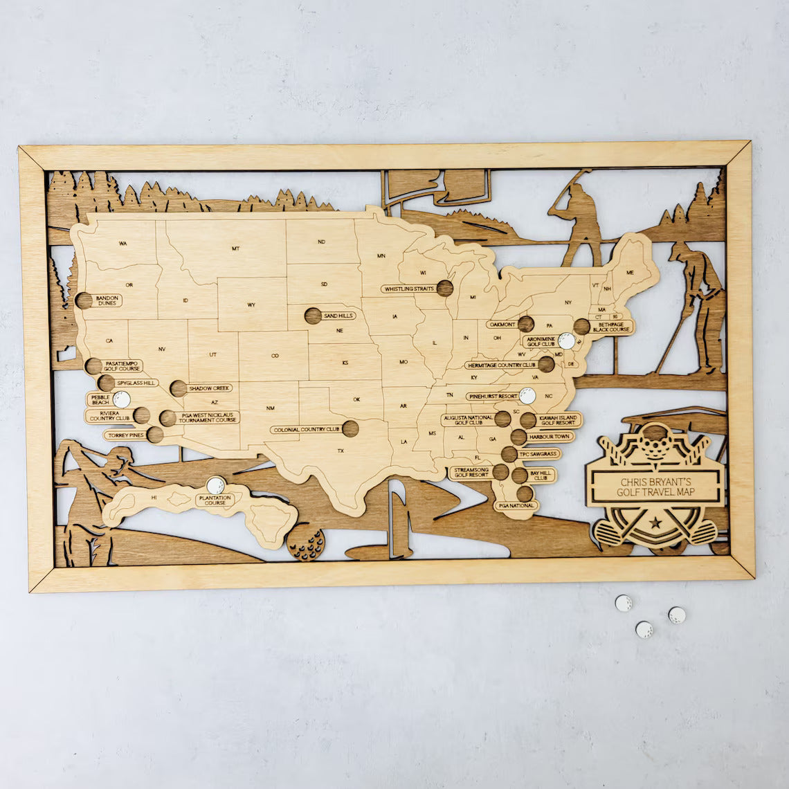 Golf Course Map, Wood Map, Retirement Bucket List, Golf Gifts