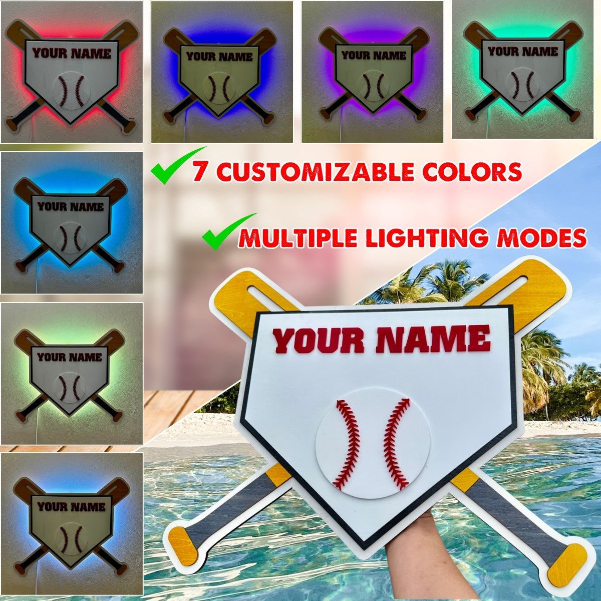 Customized Wooden LED Baseball Sign Featuring Your Name 17.7x15 inches