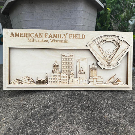 American Family Stadium & Milkwaukee, Wisconsin Skyline Wood Sign