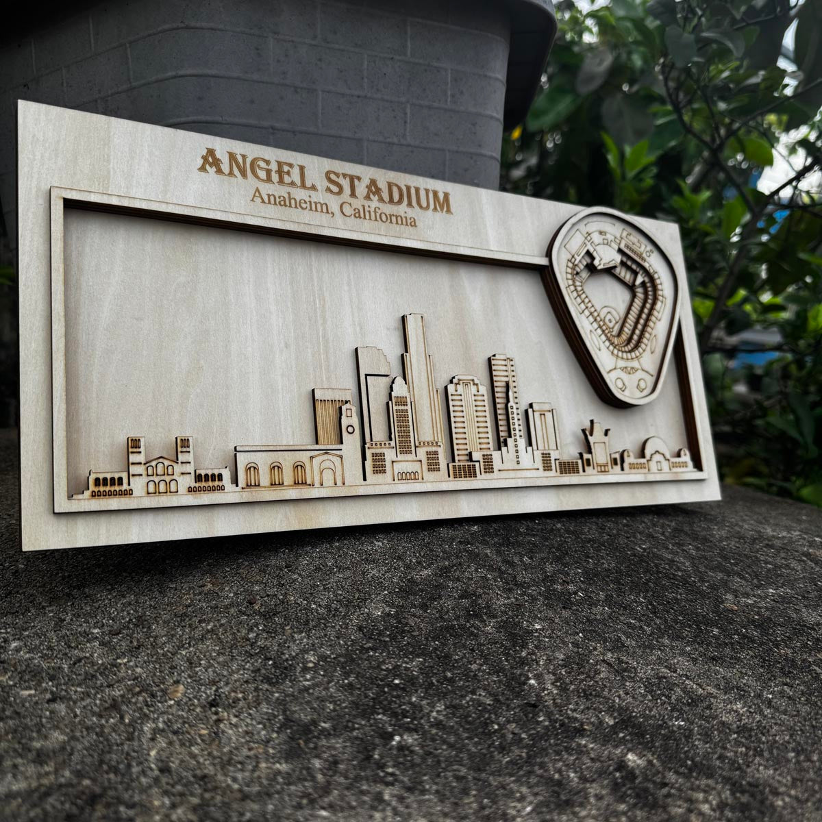 Angel Stadium & Anaheim, California Skyline Wood Sign