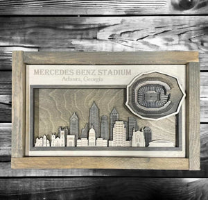 Atlanta, Georgia Skyline & Mercedes Benz Stadium INDOOR aerial view Wood Sign