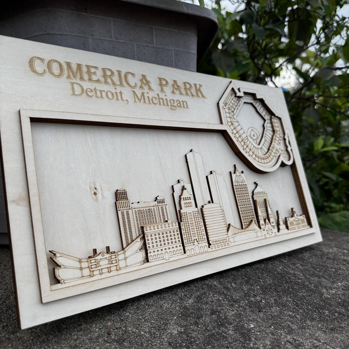 ComericaPark & Detroit, Michigan Skyline Wood Sign