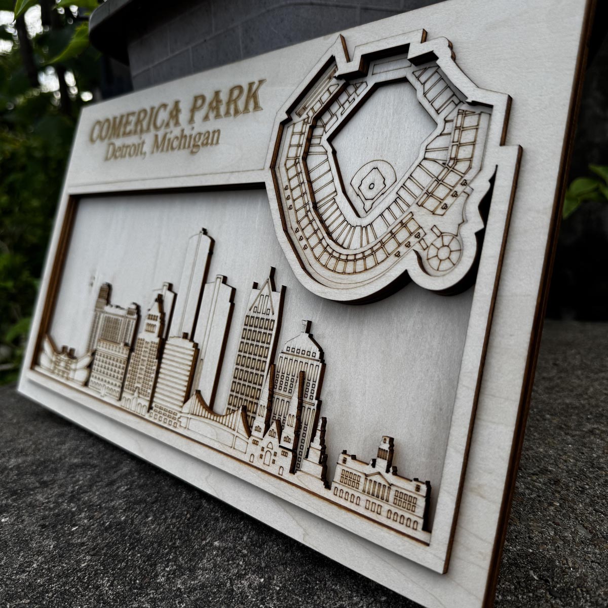 ComericaPark & Detroit, Michigan Skyline Wood Sign