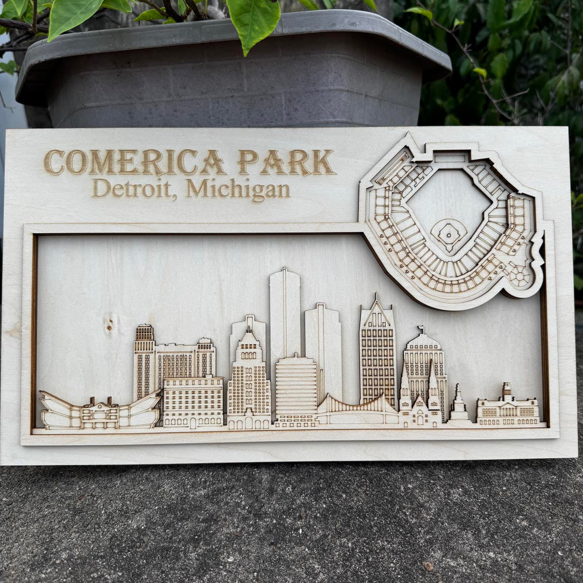 ComericaPark & Detroit, Michigan Skyline Wood Sign