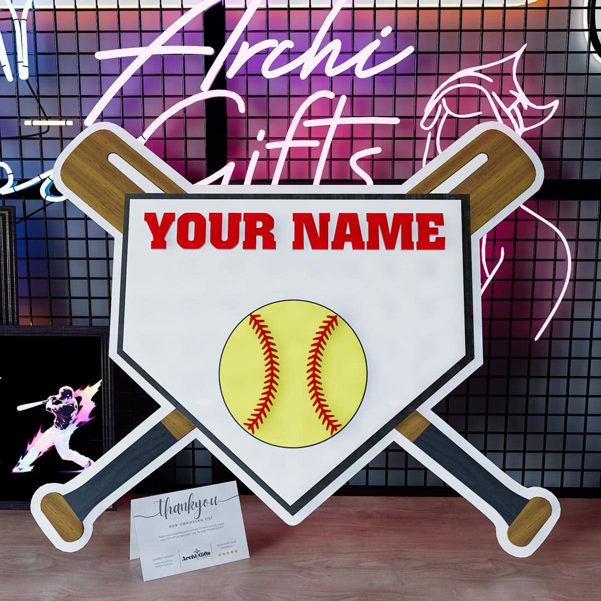 Customized Wooden LED Baseball Sign Featuring Your Name 17.7x15 inches Softball