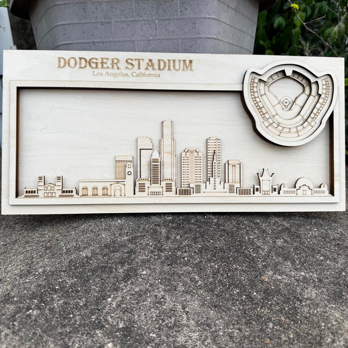 Dodger Stadium & Los Angeles, California Skyline Wood Sign