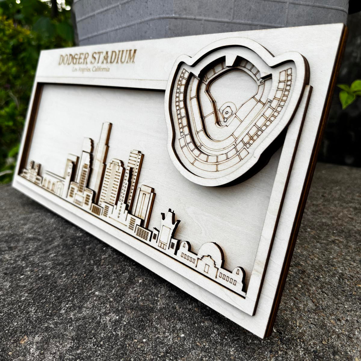 Dodger Stadium & Los Angeles, California Skyline Wood Sign