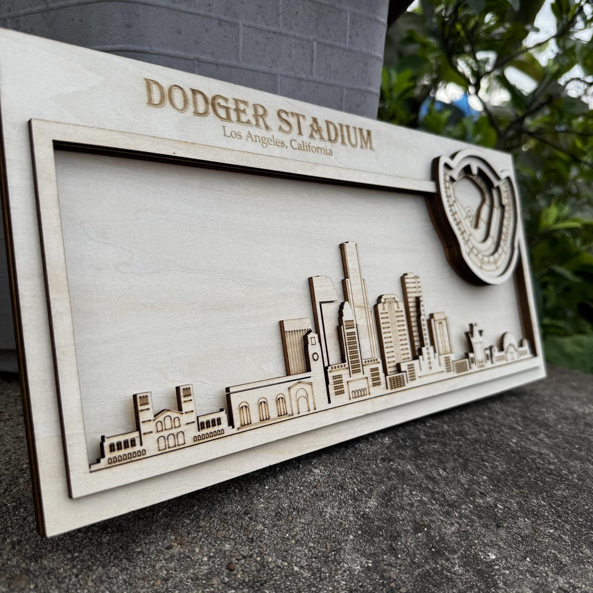 Dodger Stadium & Los Angeles, California Skyline Wood Sign