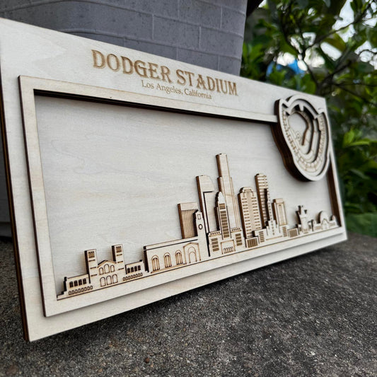 Dodger Stadium & Los Angeles, California Skyline Wood Sign