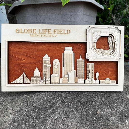 Globe Life Field & Arlington, Texas Skyline Wood Sign