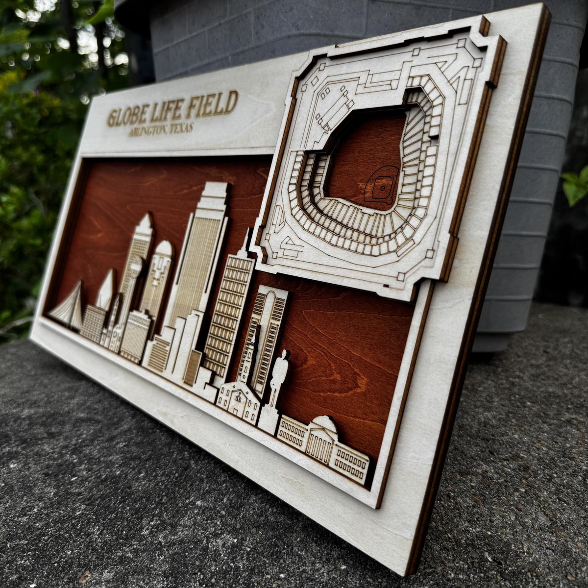 Globe Life Field & Arlington, Texas Skyline Wood Sign