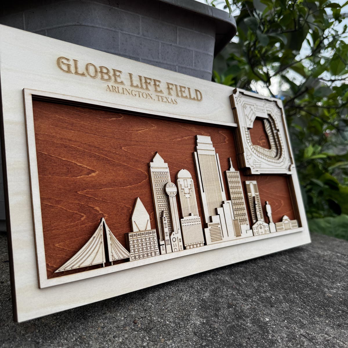 Globe Life Field & Arlington, Texas Skyline Wood Sign
