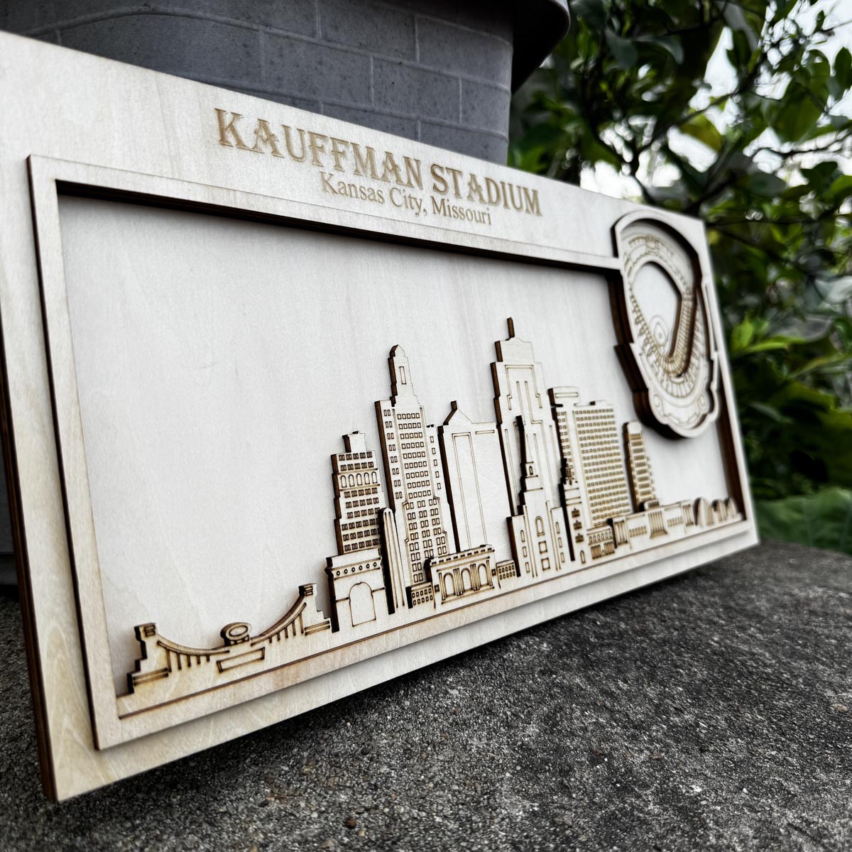 Kauffman Stadium & Kansas City, Missouri Skyline Wood Sign