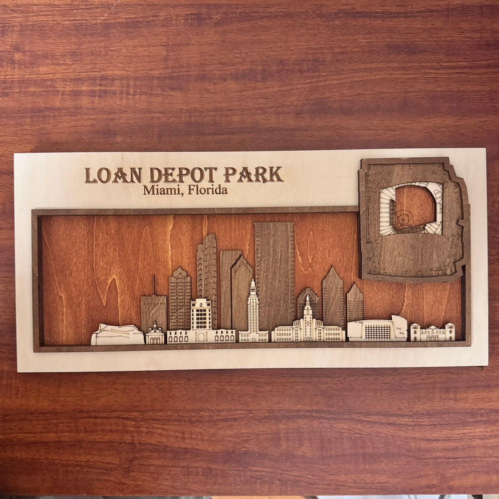 Loan Depot Park & Miami, Florida Skyline Wood Sign