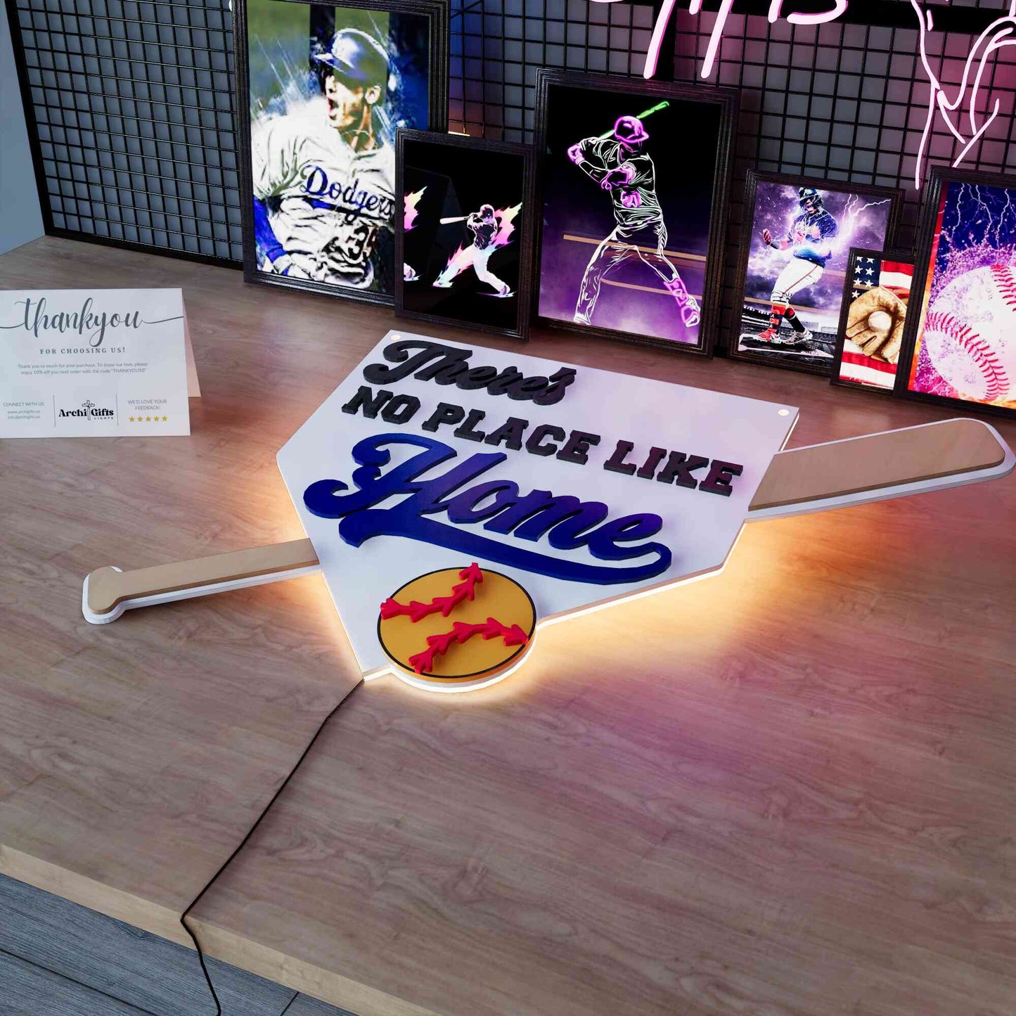 Wooden LED Baseball Door Sign There's No Place Like Home 15.7 inches
