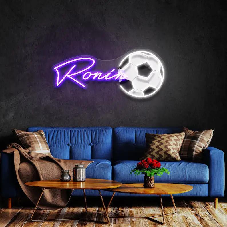 Teenage boy gifts football, neon name sign
